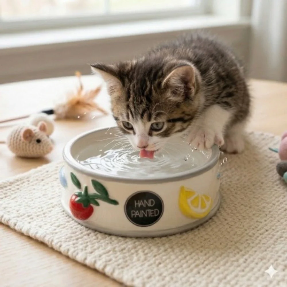 Luna & Sage Artisan Ceramic Cat Water Bowl – Hand‑Painted 